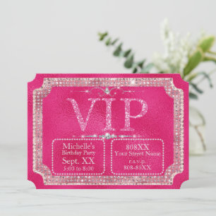 Invitation Billet VIP Pailleté Rose Chaud et Diamants