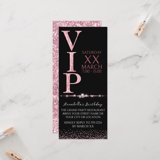 Invitation Billet VIP Paillettes Noir et Rose (Devant/Arrière en situation)