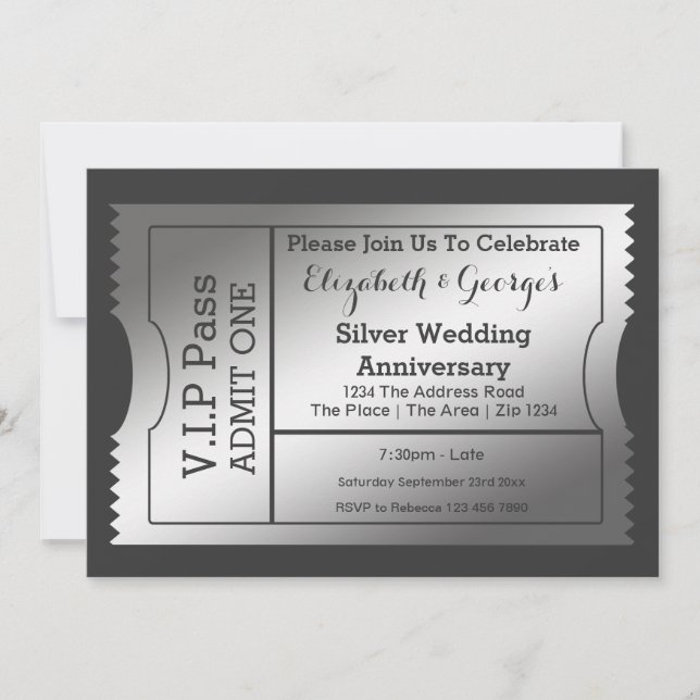 Invitation Billet VIP Pass Anniversaire de Mariage Argent (Devant)