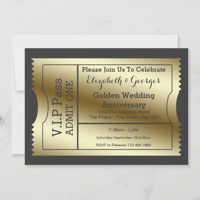 Invitation Billet VIP Pass Anniversaire de Mariage Doré (Devant)