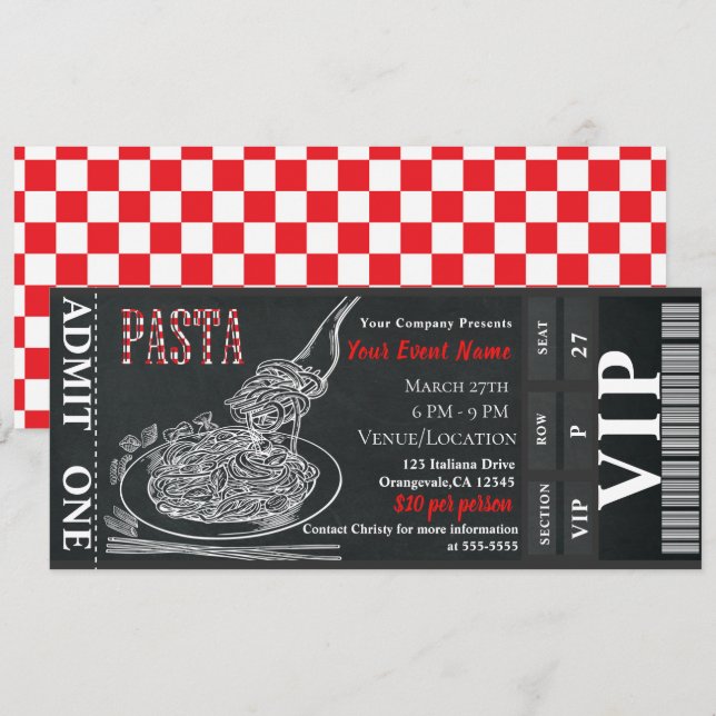 Invitation Billet VIP pour dîner de pâtes rustique (Devant / Derrière)