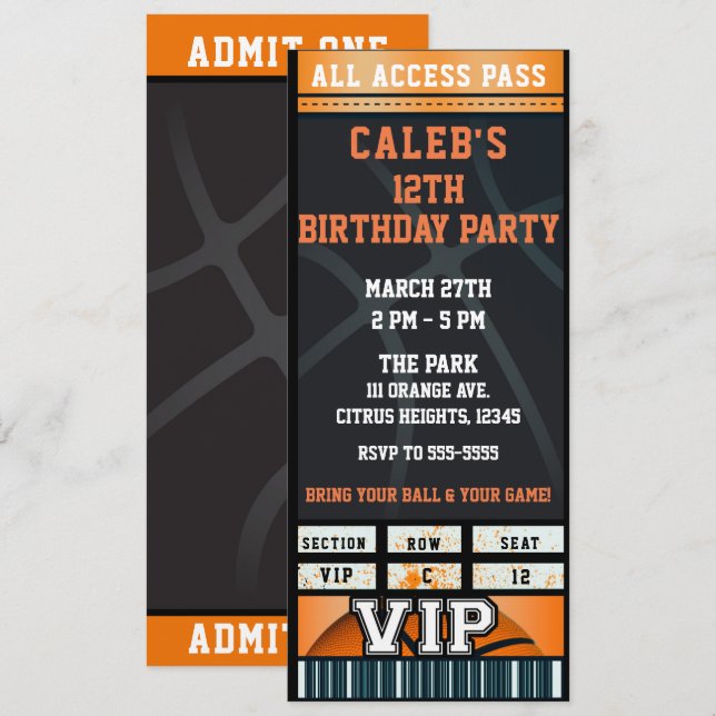 Invitation Billet VIP pour la fête d'anniversaire de basketba (Devant / Derrière)