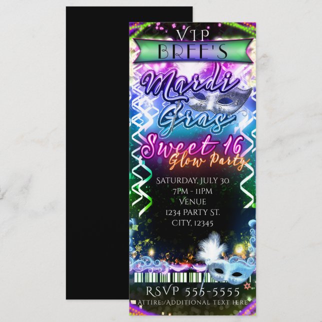 Invitation Billet VIP pour la fête SWEET 16 Mardi Gras Rainbo (Devant / Derrière)
