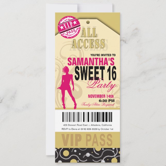 Invitation Billet VIP Sweet 16 (fuschia khaki) (Devant)