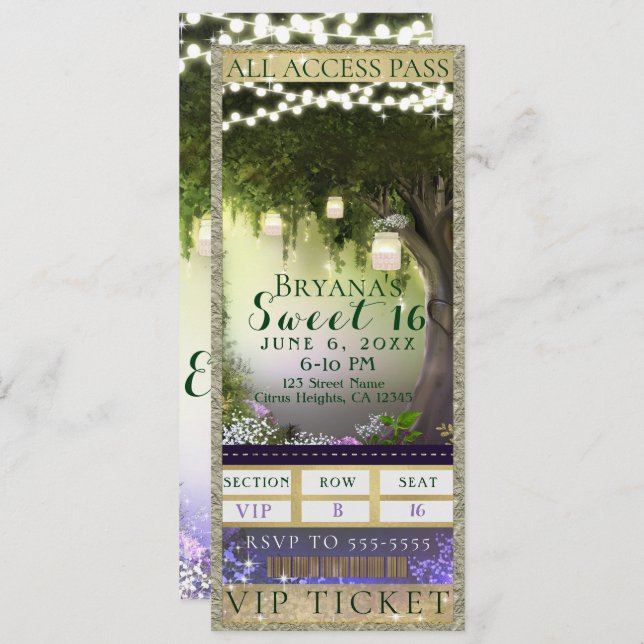 Invitation Billet VIP Sweet 16 Party Enchanted Forest Access (Devant / Derrière)