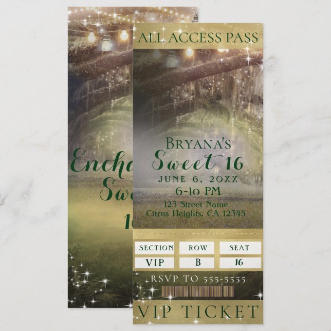 Invitation Billet VIP Sweet 16 Party Enchanted Forest Lights (Devant / Derrière)