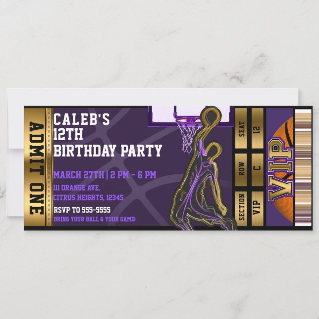 Invitation Billet VIP violet or pour l'anniversaire de Basket (Devant)