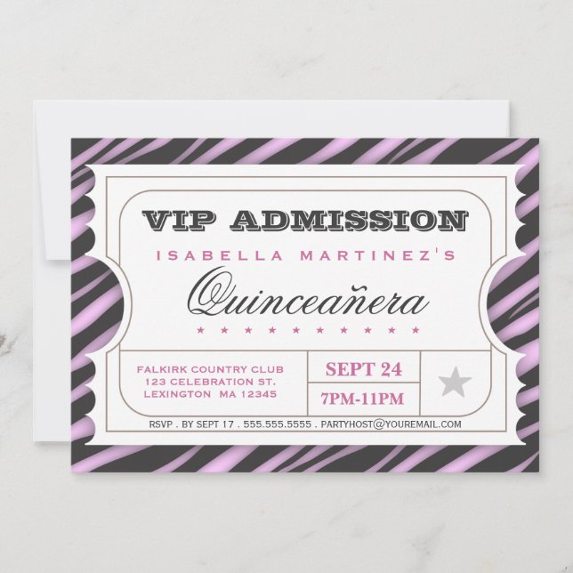 Invitation Billet VIP Zebra Glam Quinceanera fête d'anniversa (Devant)