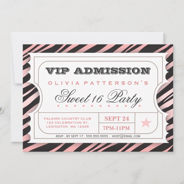 Invitation Billet VIP Zebra Glam Sweet 16 Anniversaire Pink (Devant)