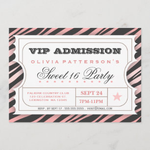 Invitation Billet VIP Zebra Glam Sweet 16 Anniversaire Pink