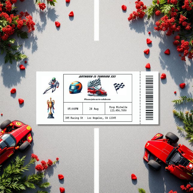 Invitation Billet voiture course Anniversaire (Race Car Ticket Birthday Party Invitation)