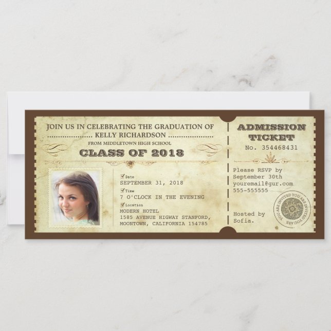 Invitation Billets de diplômes vintages avec photo (Devant)