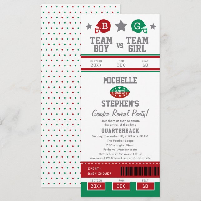 Invitation Billets de football Baby shower de révélation de g (Devant / Derrière)