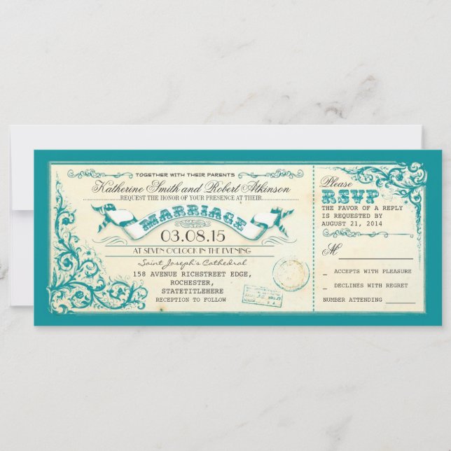 Invitation billets de mariage vintage & bleu élégant fleuris (Devant)