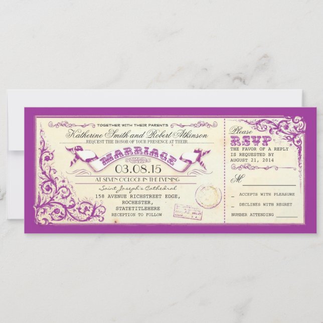 Invitation billets de mariage vintage & bleu élégant fleuris (Devant)