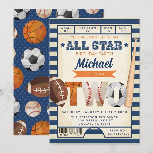 Invitation Billets de sport 2e fête d'anniversaire (Devant / Derrière)