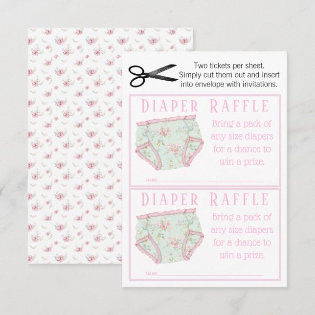 Invitation Billets de tombola couche fille florale rose (Devant / Derrière)
