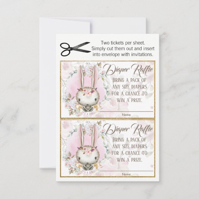 Invitation Billets de tombola pour couche de bébé fille lapin (Devant)