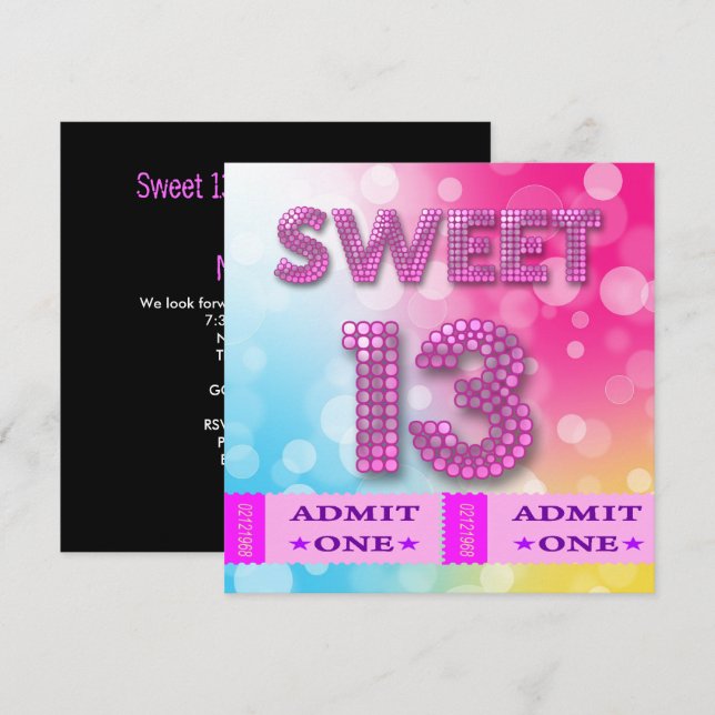Invitation Billets pour fête d'anniversaire des 13 ans sucrés (Devant / Derrière)