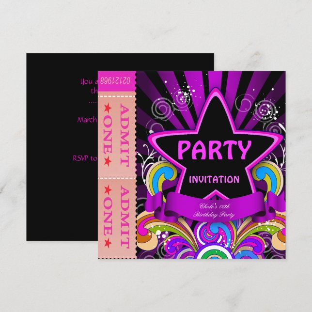 Invitation Billets rose vif pour filles fête d'anniversaire a (Devant / Derrière)