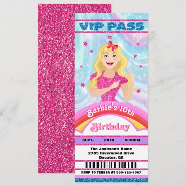 Invitation Billets VIP Doll Pink Parties scintillant Movie St (Devant / Derrière)