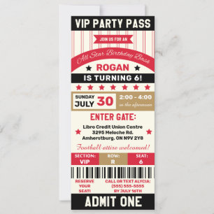 Invitation Billets VIP Fête d'anniversaire Sports Rouge, Or &