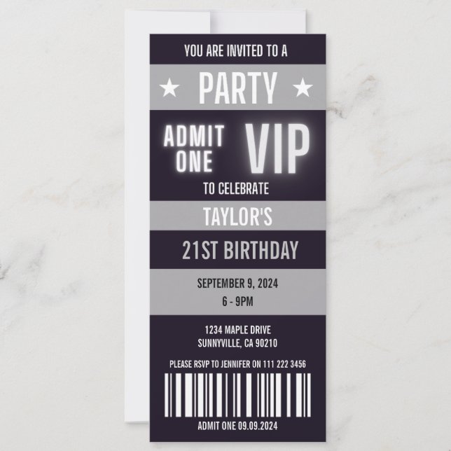Invitation Billetterie Argent 21st Any Age Birthday Party (Devant)