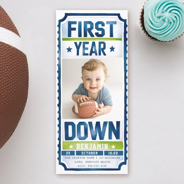 Invitation Billetterie de football Garçon Photo Bleu Vert 1er (boy 1st birthday invitation photo football first year down sports ticket blue green game time)