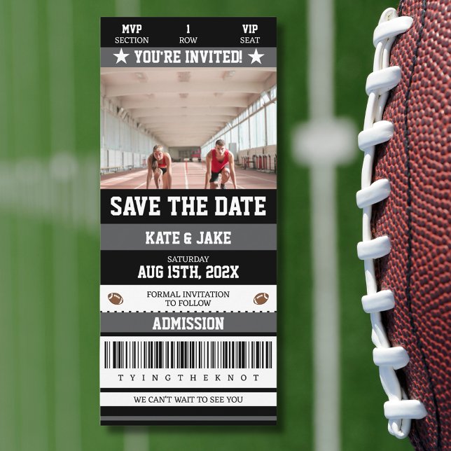 Invitation Billetterie Football Sport Photo Unique Enregistre (Unique Photo Save the Date Football Ticket)