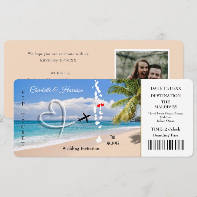 Invitation Billetterie Maldives de mariage de destination (Devant / Derrière)