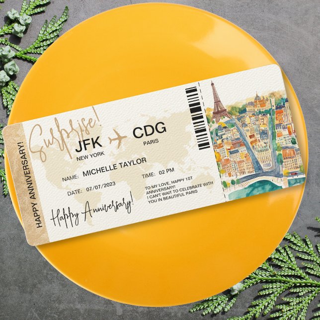 Invitation Billetterie Paris Surprise Anniversaire (surprise boarding pass ticket trip to paris with watercolor illustrated map)