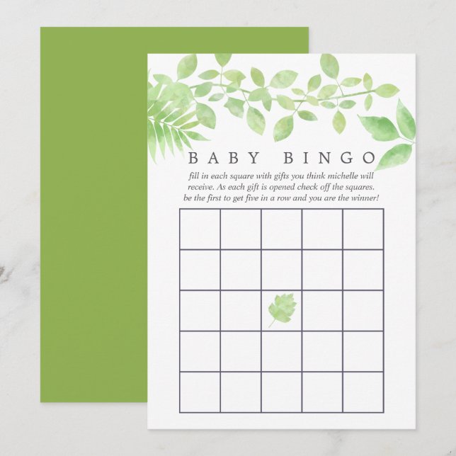 Invitation Bingo Baby Shower à la végétation à l'aquarelle (Devant / Derrière)