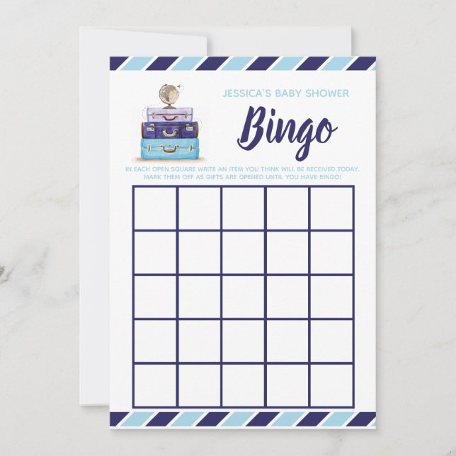 Invitation Bingo baby shower Bleu Voyage thème jeu (Devant)