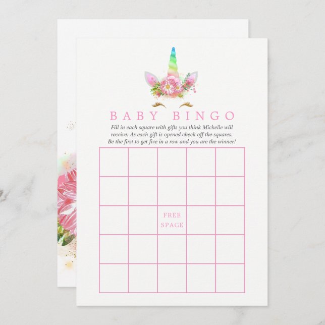 Invitation Bingo Baby shower fille rose floral arc-en-ciel (Devant / Derrière)