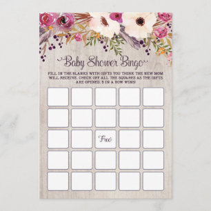Invitation Bingo Baby shower Jeu Rustique Boho Fleurs Floral