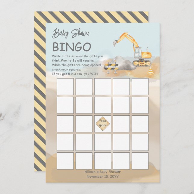 Invitation Bingo Baby shower pour garçon d'excavateur de cons (Devant / Derrière)