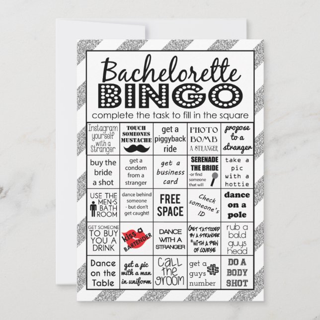 Invitation Bingo Bachelorette Argent, Jeu De Fête, Défi (Devant)