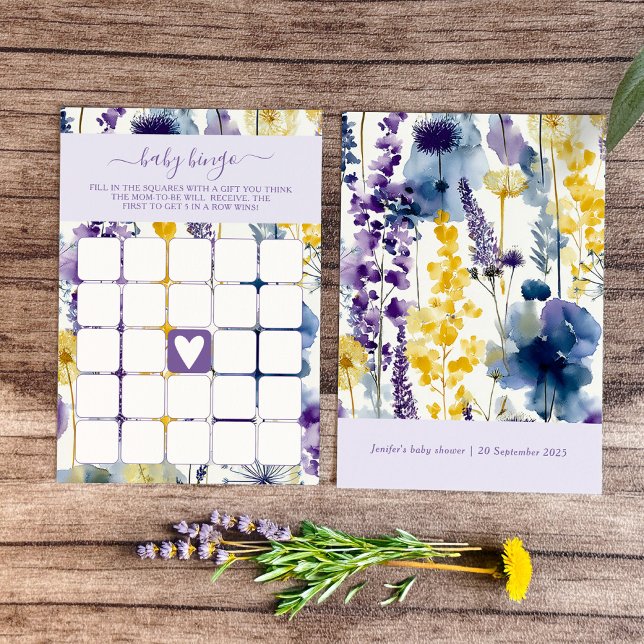 Invitation Bingo Bébé Fleur Sauvage Aquarelle Jaune Violet (Celebrate your mama-to-be moment in full bloom with this elegant wildflower design. )