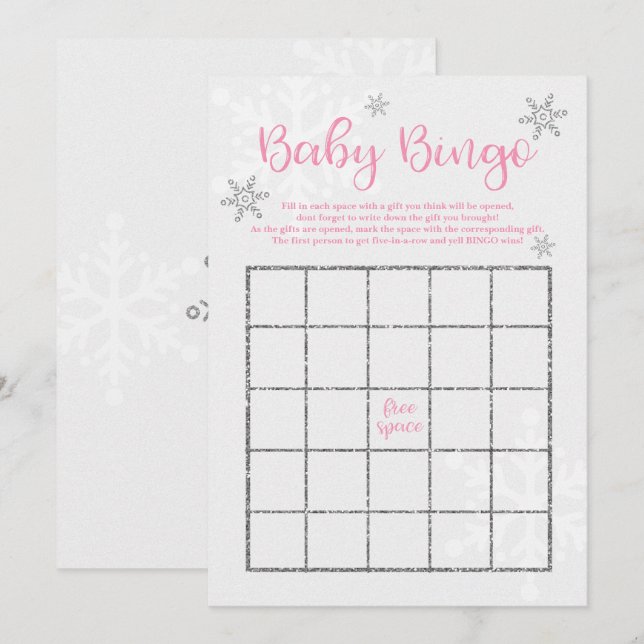 Invitation Bingo Bébé Flocon de Neige Rose et Argent Hiver (Devant / Derrière)