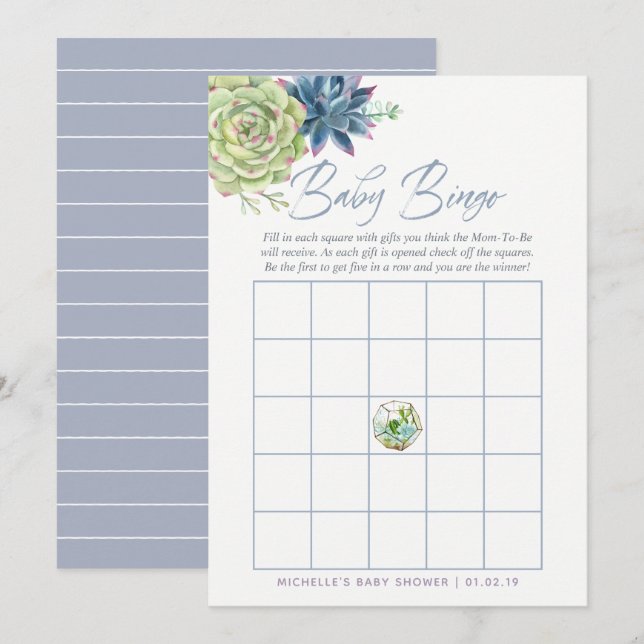 Invitation Bingo Bébé Lavis Aquarelle de Succulentes pour Bab (Devant / Derrière)