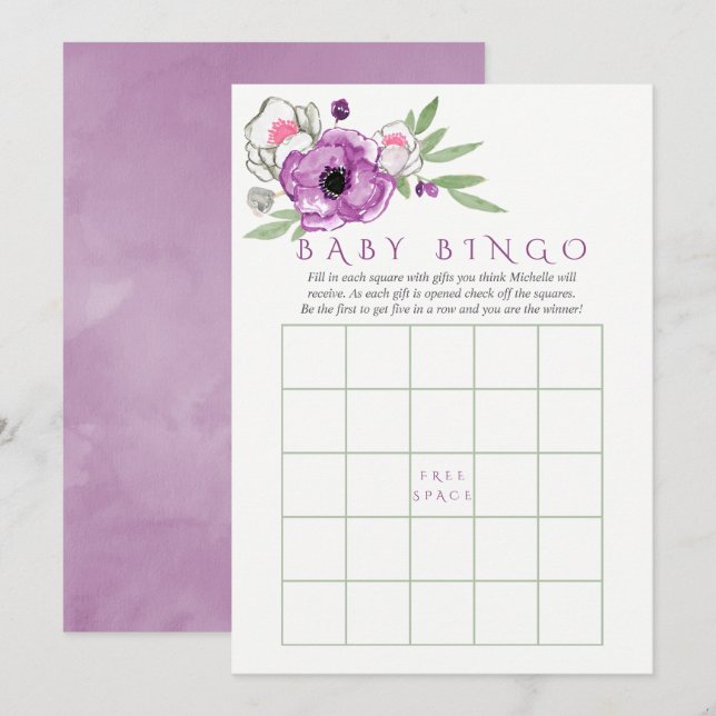 Invitation Bingo Bébé Shower Floral Violet et Sauge (Devant / Derrière)