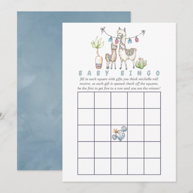 Invitation Bingo de Baby Shower à thème Llama aquarelle (Devant / Derrière)