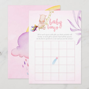 Invitation Bingo de Baby Shower Fille Licorne Rhinocéros Aqua