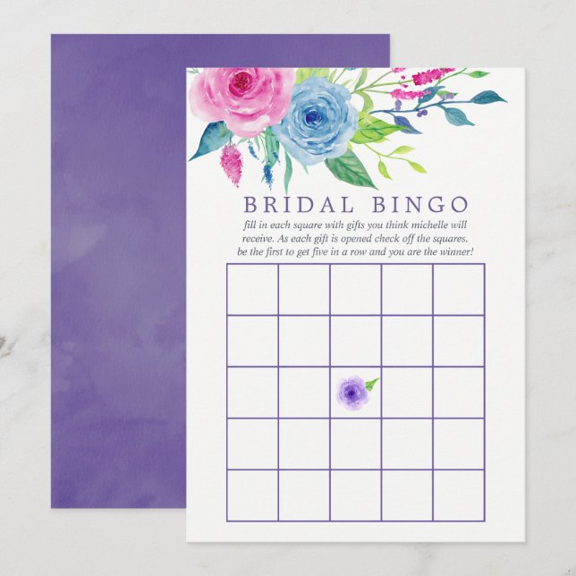 Invitation Bingo de la douche de mariage aux fleurs aquarelle (Devant / Derrière)