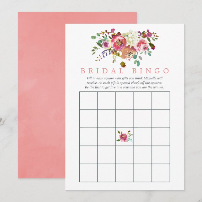 Invitation Bingo de la douche de mariage aux fleurs aquarelle (Devant / Derrière)