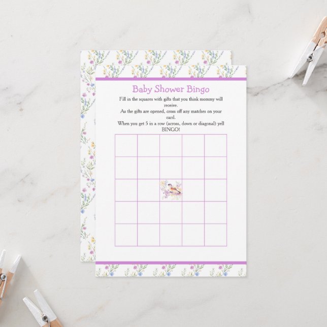 Invitation Bingo du Baby shower aux oiseaux mignons de printe (Devant/Arrière en situation)