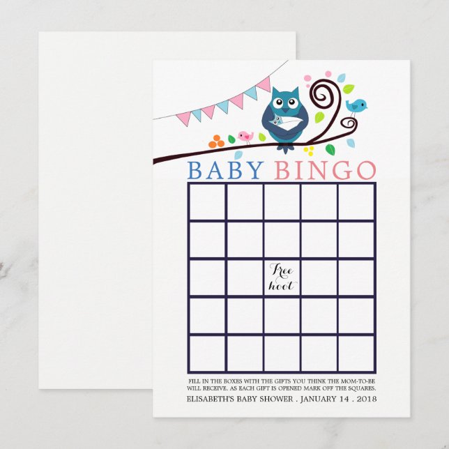 Invitation Bingo du Baby shower de la Chouette (Devant / Derrière)