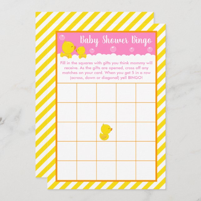 Invitation Bingo en caoutchouc Ducky Jaune et Baby shower ros (Devant / Derrière)