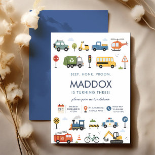 Invitation Bip Klaxon Vroom Véhicule 3ème Anniversaire