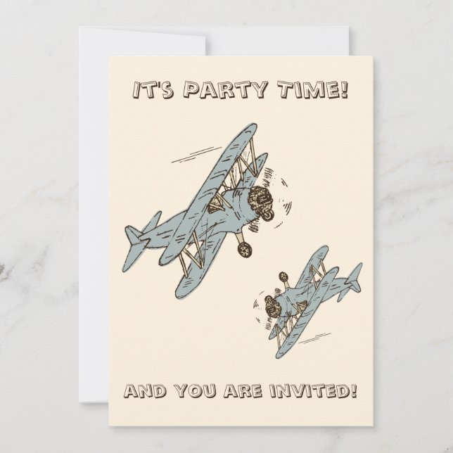 Invitation Biplans Art Déco - bleu Party Time sans détails (Devant)